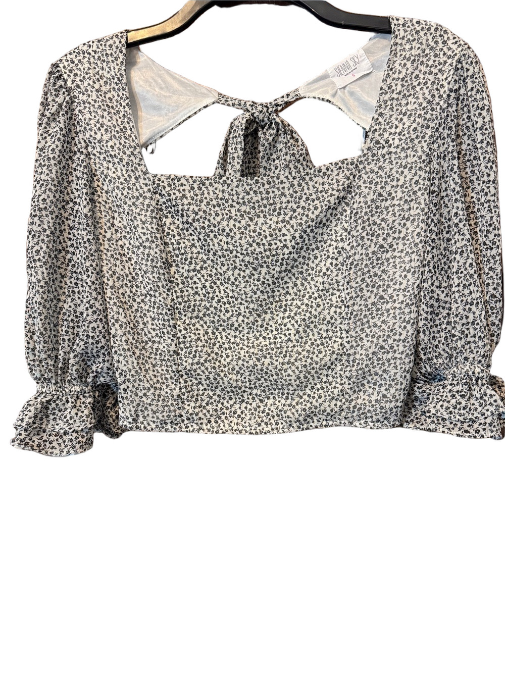 Sienna Sky Cream and Black Floral 3/4 sleeve Square-Neck Crop Top Size S